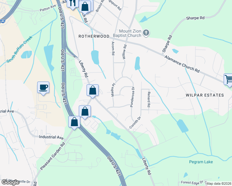 map of restaurants, bars, coffee shops, grocery stores, and more near 2410 Madre Place in Greensboro