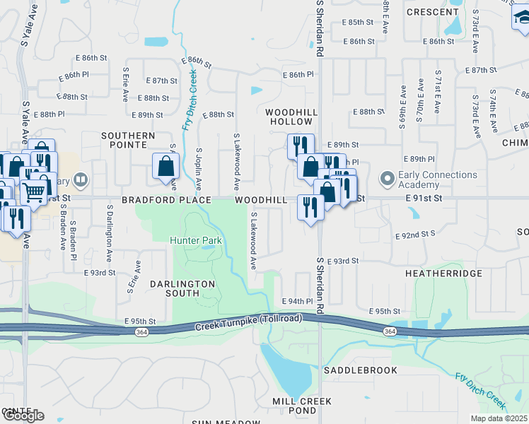 map of restaurants, bars, coffee shops, grocery stores, and more near 9116 South Maplewood Avenue in Tulsa