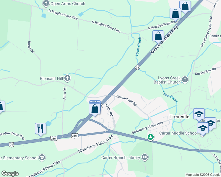 map of restaurants, bars, coffee shops, grocery stores, and more near 305 Andrew Johnson Highway in Strawberry Plains