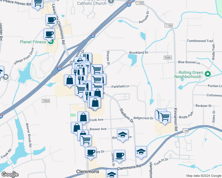 map of restaurants, bars, coffee shops, grocery stores, and more near 6228 Parkfield Lane in Clemmons