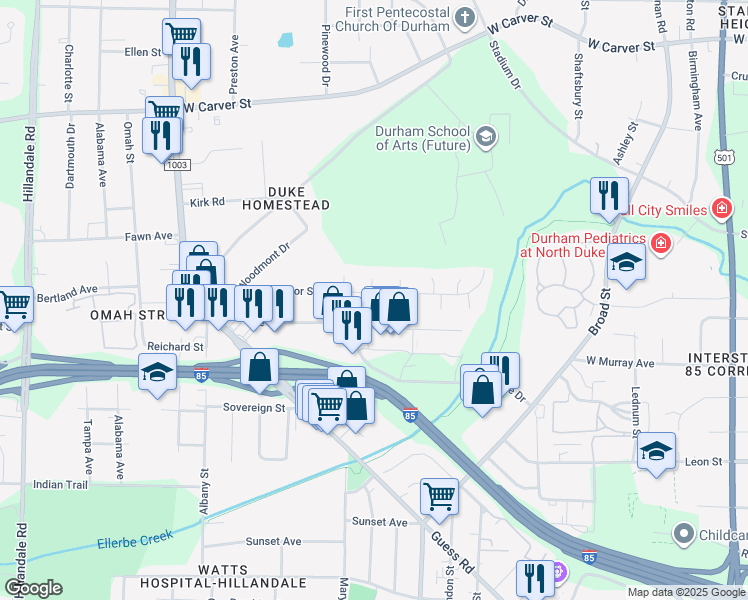 map of restaurants, bars, coffee shops, grocery stores, and more near 2023 Strebor Street in Durham