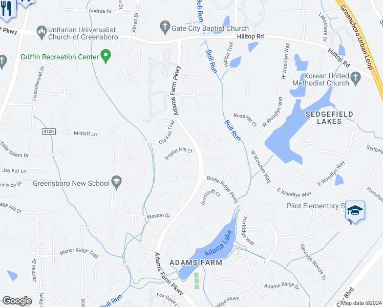 map of restaurants, bars, coffee shops, grocery stores, and more near 5501 Poplar Hill Court in Greensboro