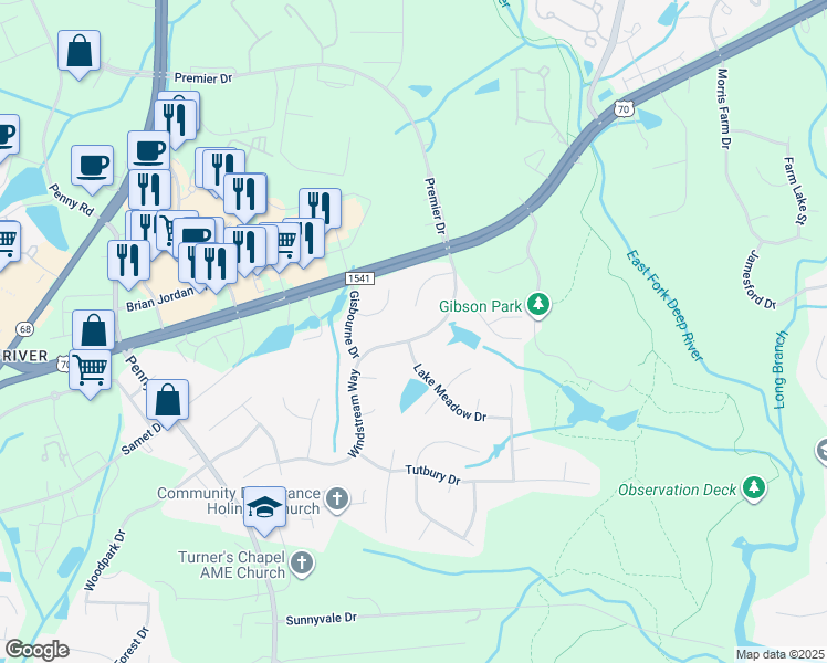 map of restaurants, bars, coffee shops, grocery stores, and more near 3845 Windstream Way in Jamestown