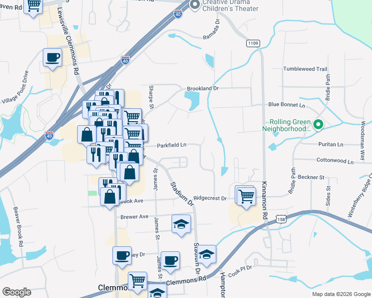map of restaurants, bars, coffee shops, grocery stores, and more near 6205 Parkfield Lane in Clemmons