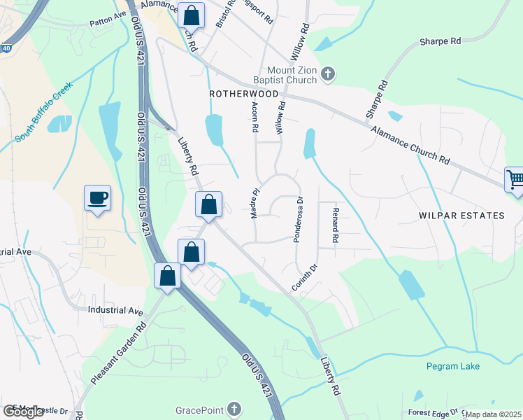 map of restaurants, bars, coffee shops, grocery stores, and more near 1303 Saddle Trail in Greensboro