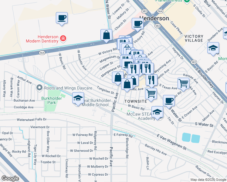 map of restaurants, bars, coffee shops, grocery stores, and more near 210 Tungsten Street in Henderson