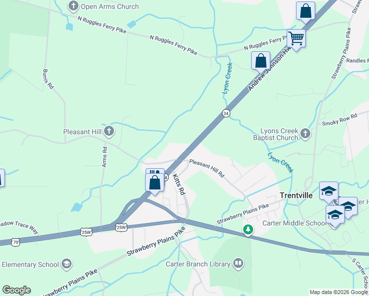 map of restaurants, bars, coffee shops, grocery stores, and more near 305 Andrew Johnson Highway in Strawberry Plains