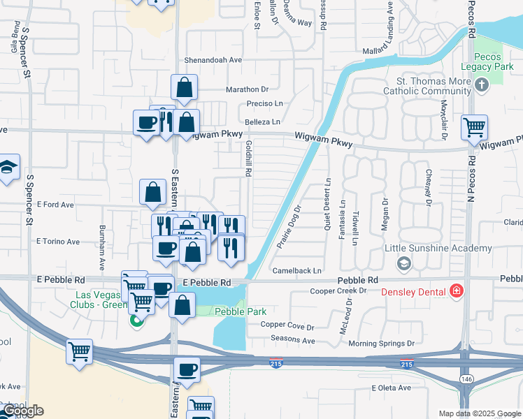 map of restaurants, bars, coffee shops, grocery stores, and more near 2838 Brittany Mesa Drive in Henderson