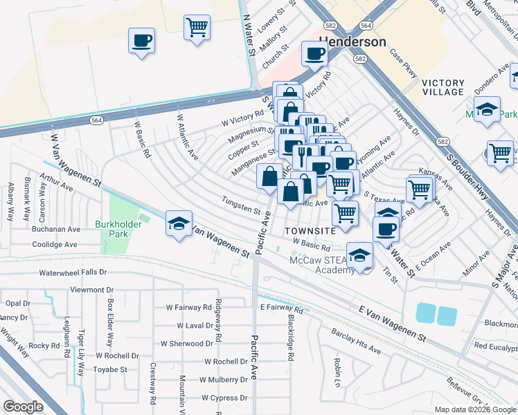 map of restaurants, bars, coffee shops, grocery stores, and more near 204 Pacific Avenue in Henderson