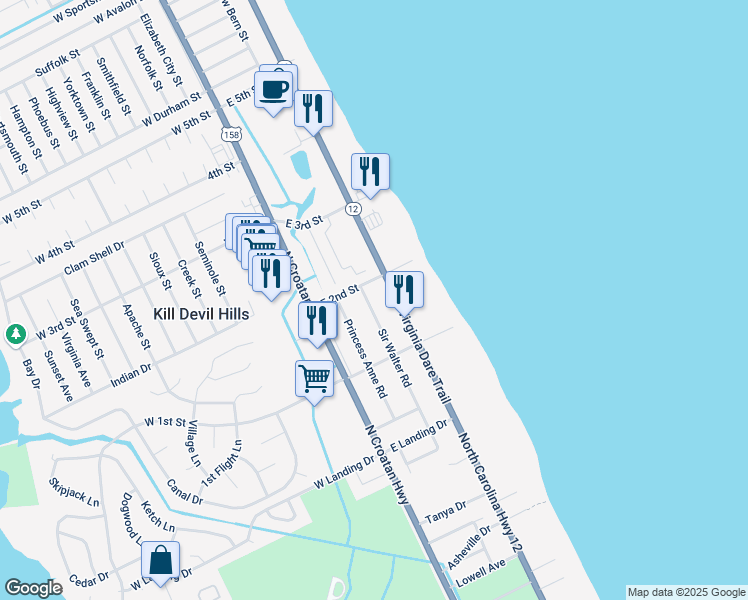 map of restaurants, bars, coffee shops, grocery stores, and more near 1637 Sir Walter Rd in Kill Devil Hills