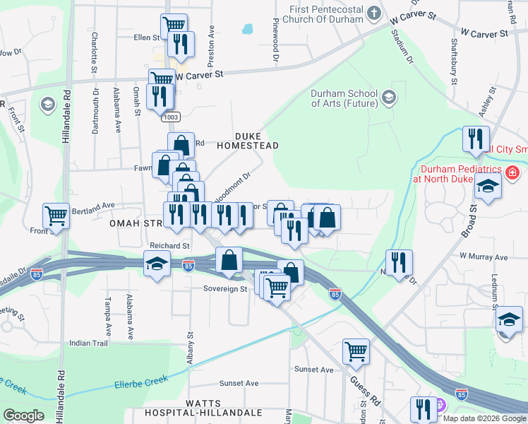 map of restaurants, bars, coffee shops, grocery stores, and more near 2132 Strebor Street in Durham