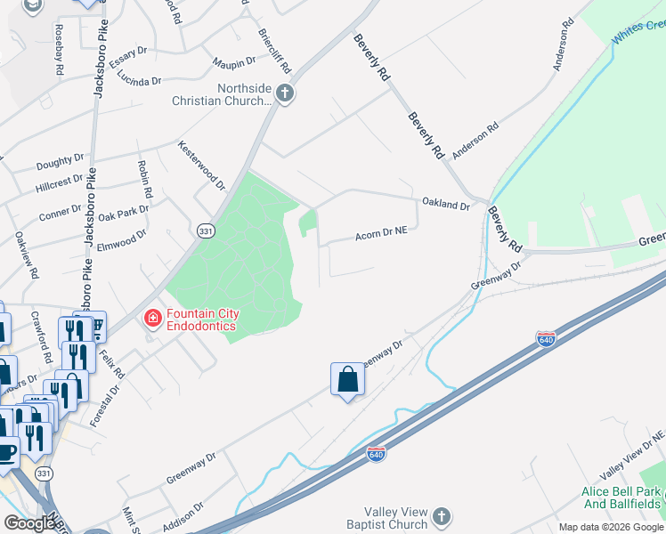 map of restaurants, bars, coffee shops, grocery stores, and more near 3910 Conley Lane Northeast in Knoxville