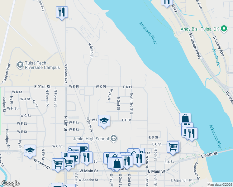 map of restaurants, bars, coffee shops, grocery stores, and more near 1017 North 2nd Street in Jenks