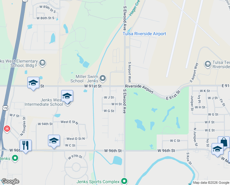 map of restaurants, bars, coffee shops, grocery stores, and more near 2005 West K Court in Jenks