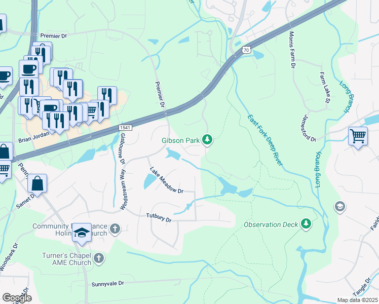 map of restaurants, bars, coffee shops, grocery stores, and more near 3957 Elizabeth Glen Way in Jamestown