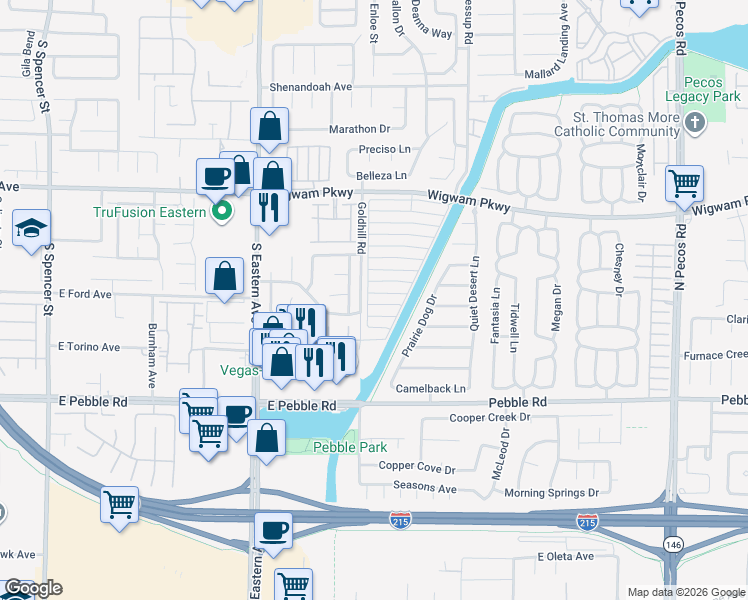 map of restaurants, bars, coffee shops, grocery stores, and more near 2842 Brittany Mesa Drive in Henderson