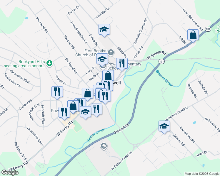 map of restaurants, bars, coffee shops, grocery stores, and more near 1723 West Emory Road in Powell