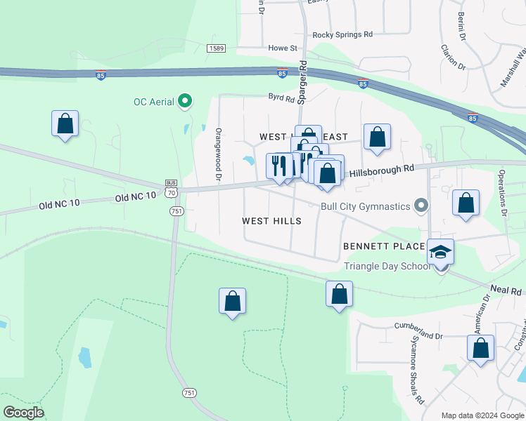 map of restaurants, bars, coffee shops, grocery stores, and more near 8 Greenfield Court in Durham