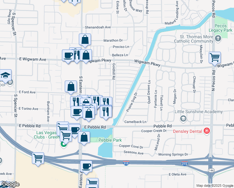 map of restaurants, bars, coffee shops, grocery stores, and more near 2842 Brittany Mesa Drive in Henderson