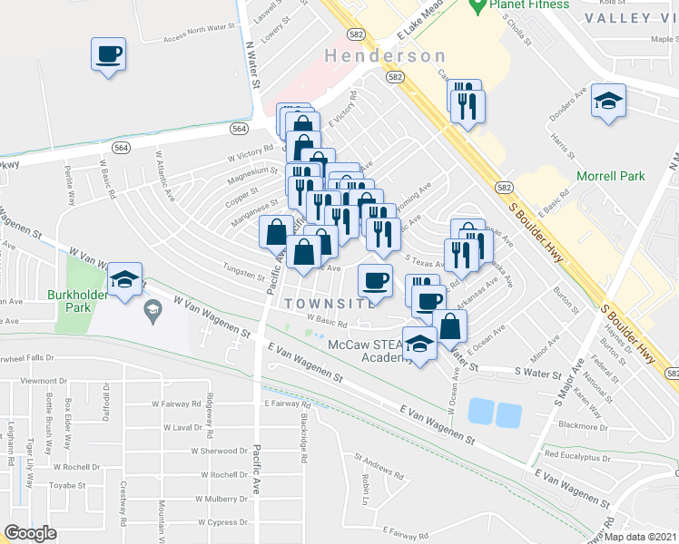map of restaurants, bars, coffee shops, grocery stores, and more near 101a West Atlantic Avenue in Henderson