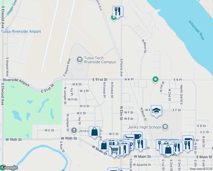 map of restaurants, bars, coffee shops, grocery stores, and more near 1011 North Forest Place in Jenks