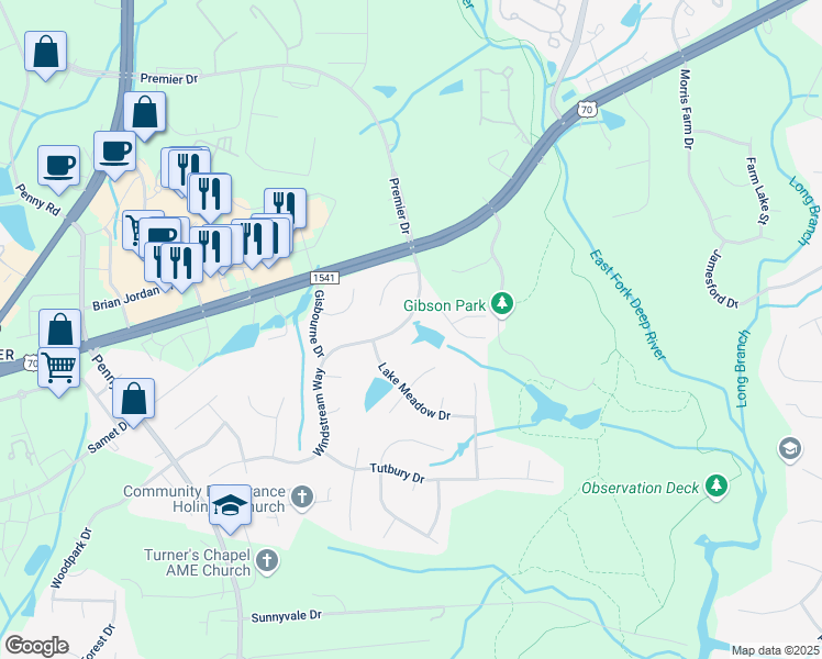 map of restaurants, bars, coffee shops, grocery stores, and more near 3853 Windstream Way in Jamestown