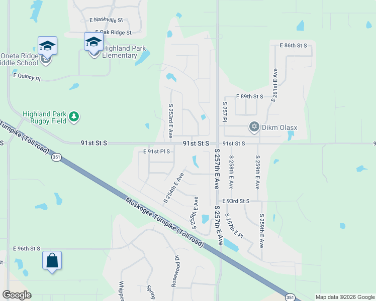 map of restaurants, bars, coffee shops, grocery stores, and more near 25678 91st Street South in Broken Arrow
