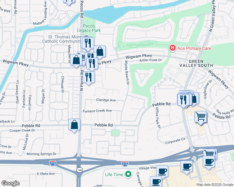 map of restaurants, bars, coffee shops, grocery stores, and more near 2506 Cortina Avenue in Henderson