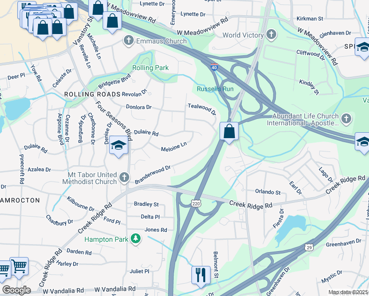 map of restaurants, bars, coffee shops, grocery stores, and more near 2211 Meloine Lane in Greensboro