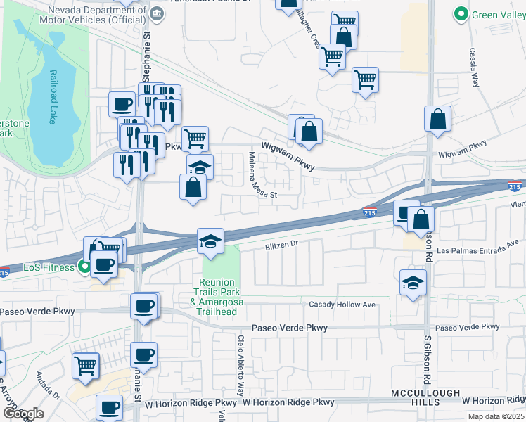 map of restaurants, bars, coffee shops, grocery stores, and more near 45 Maleena Mesa Street in Henderson
