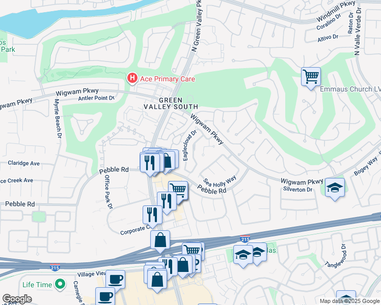 map of restaurants, bars, coffee shops, grocery stores, and more near 79 Huntfield Drive in Henderson
