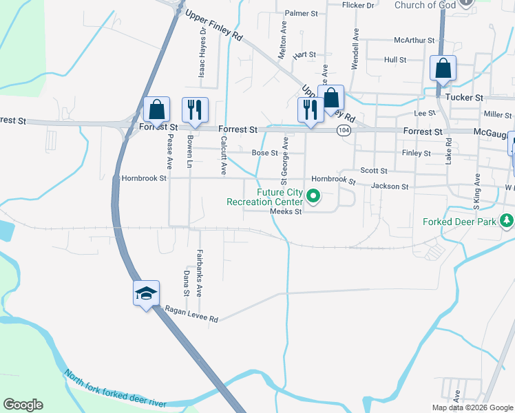 map of restaurants, bars, coffee shops, grocery stores, and more near 1338 Meeks Street in Dyersburg