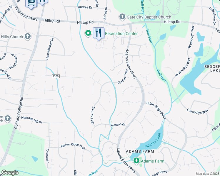 map of restaurants, bars, coffee shops, grocery stores, and more near 7 Rosebank Court in Greensboro