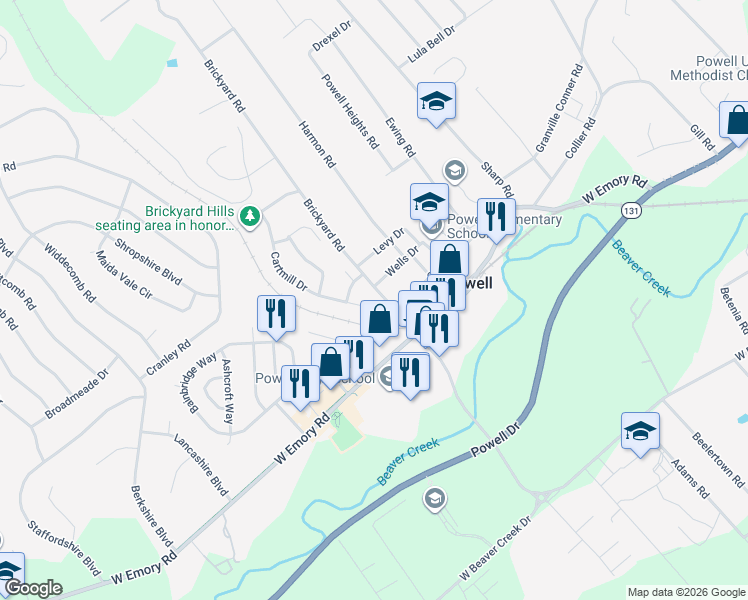 map of restaurants, bars, coffee shops, grocery stores, and more near 7707 Brickyard Road in Powell