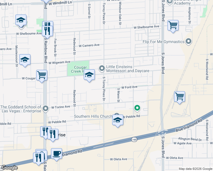 map of restaurants, bars, coffee shops, grocery stores, and more near 8675 Lockhart Street in Las Vegas