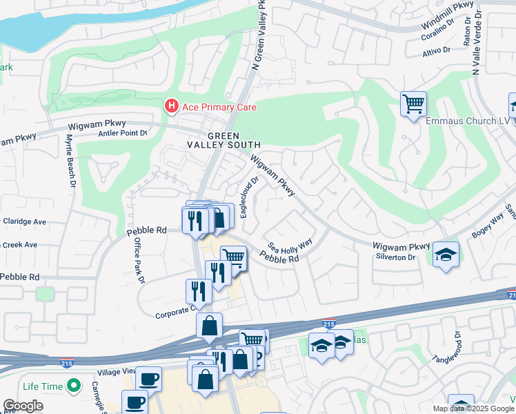 map of restaurants, bars, coffee shops, grocery stores, and more near 80 Huntfield Drive in Henderson
