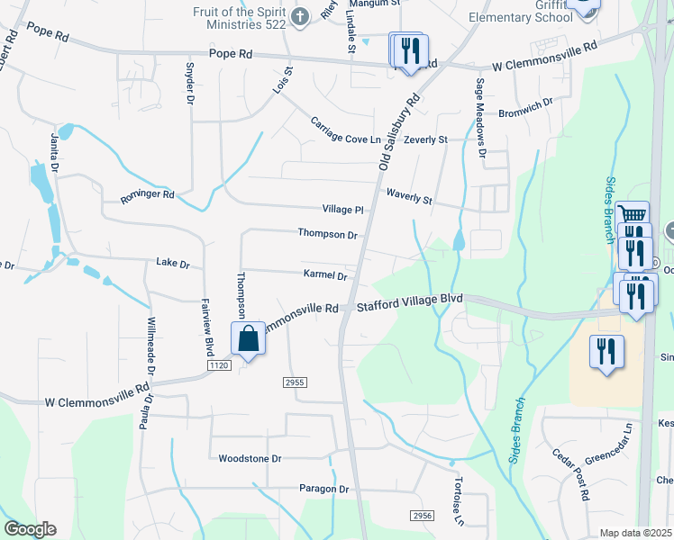 map of restaurants, bars, coffee shops, grocery stores, and more near 1607 Karmel Drive in Winston-Salem