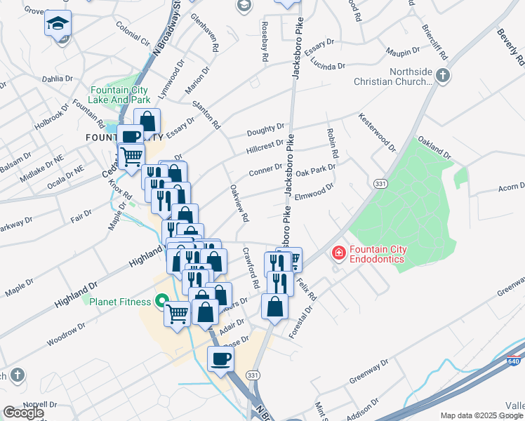 map of restaurants, bars, coffee shops, grocery stores, and more near 5023 Jacksboro Pike in Knoxville