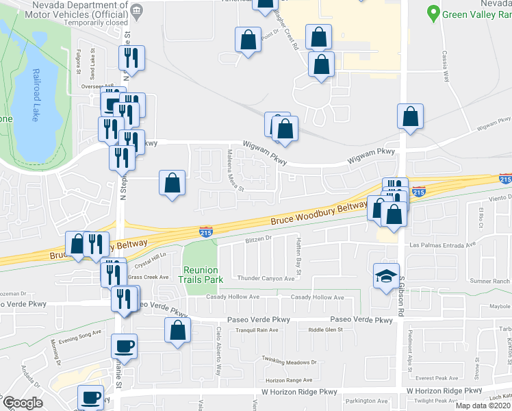 map of restaurants, bars, coffee shops, grocery stores, and more near 45 Maleena Mesa Street in Henderson