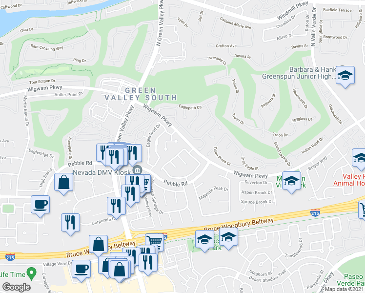 map of restaurants, bars, coffee shops, grocery stores, and more near 2128 Feather Bush Street in Henderson
