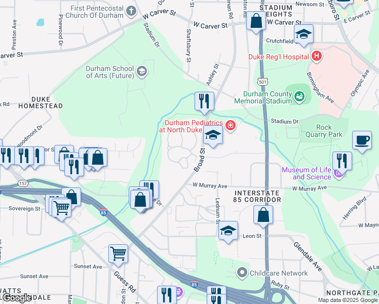 map of restaurants, bars, coffee shops, grocery stores, and more near 30 Glade Crest Way in Durham