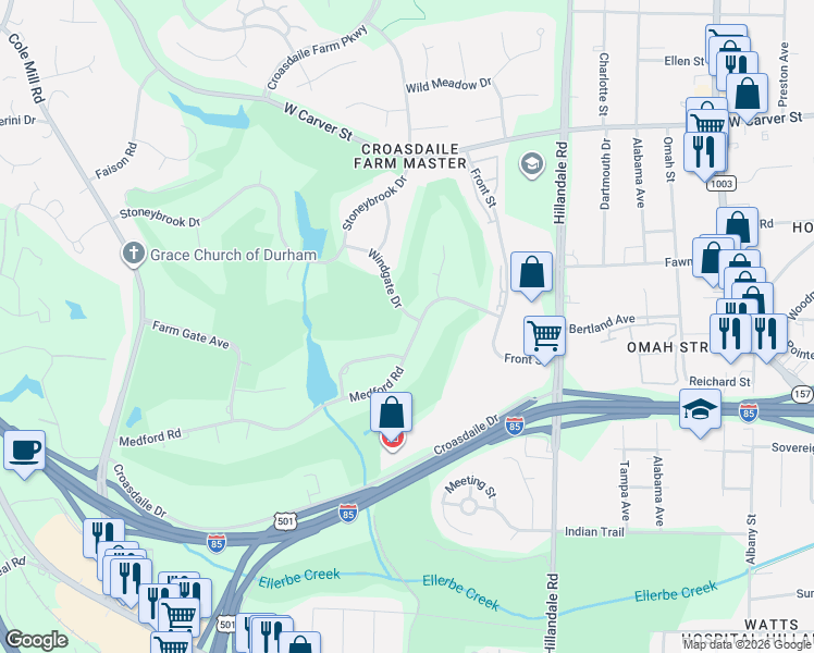map of restaurants, bars, coffee shops, grocery stores, and more near 3304 Medford Road in Durham