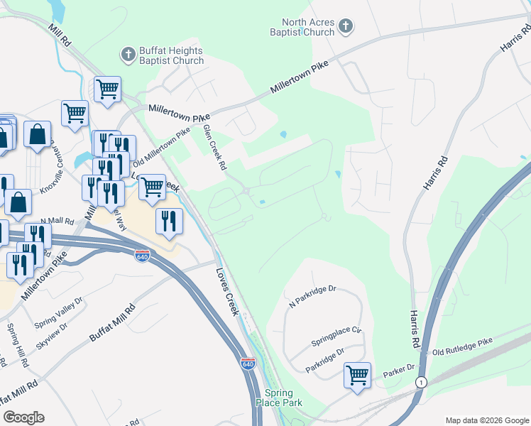 map of restaurants, bars, coffee shops, grocery stores, and more near Glen Creek Road in Knoxville