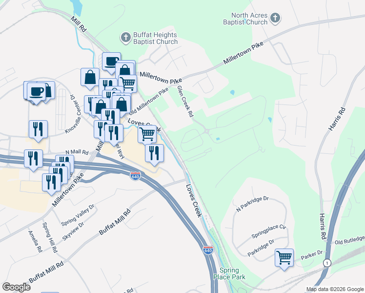 map of restaurants, bars, coffee shops, grocery stores, and more near 5411 Laurel Creek Way in Knoxville