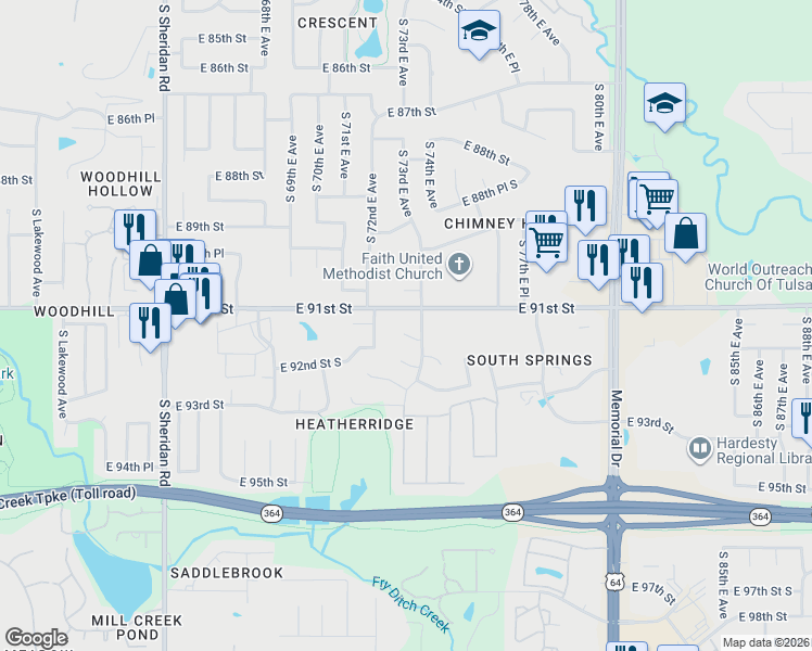 map of restaurants, bars, coffee shops, grocery stores, and more near 7203 E 91st Ct in Tulsa