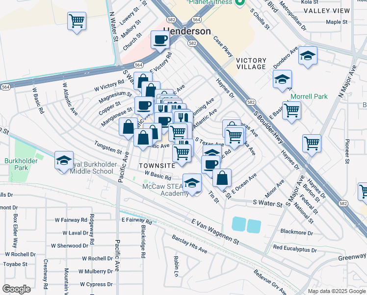 map of restaurants, bars, coffee shops, grocery stores, and more near 222 South Water Street in Henderson