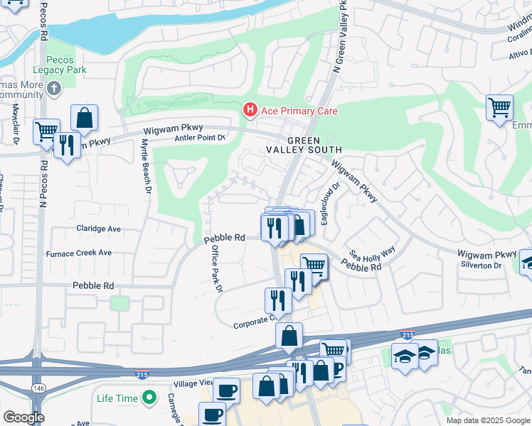 map of restaurants, bars, coffee shops, grocery stores, and more near 2201 Ramsgate Drive in Henderson