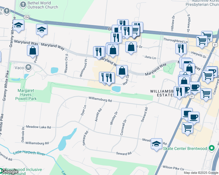 map of restaurants, bars, coffee shops, grocery stores, and more near 214 Ward Circle in Brentwood