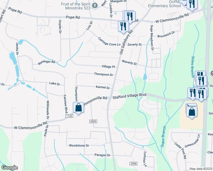 map of restaurants, bars, coffee shops, grocery stores, and more near 1607 Karmel Drive in Winston-Salem