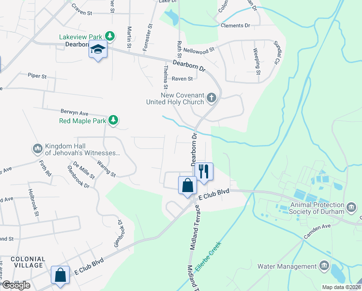 map of restaurants, bars, coffee shops, grocery stores, and more near 1304 Deer Run in Durham